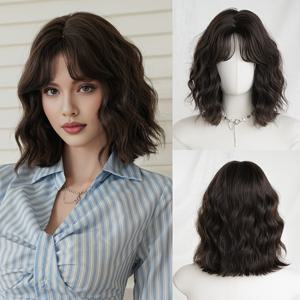 TEMU 여성을 위한 14인치 고밀도 인조 가발, 짧은 보브 스타일의 웨이브 블랙-브라운 머리, 및 파티에 완벽, 앞머리 포함