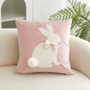 TEMU 1개, 부활절 벨벳 쿠션 커버, 리본과 공 꼬리 장식이 있는 부활절 토끼 베개 커버, 단면 자수, 17.7*17.7인치, 소파, 거실, 침실 홈 데코레이션에 적합, 베개 삽입물 미포함