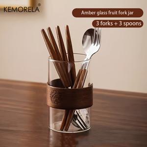 TEMU KEMORELA 젓가락 홀더 1세트, 케이크 및 디저트용 스테인리스 스틸 과일 포크, 가정용 고급 창의적인 과일 줍기, 과일 포크용 유리병 포함, 포크 3개 및 스푼 3개 포함