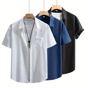 TEMU 남성용 캐주얼 여름 반팔 셋 - 3개, 라이트 블루, 블랙, 및 해군색 버튼 업 디자인, 캐주얼 의상|캐주얼 스타일|조금 신축성 있는 소재, 플러스 사이즈