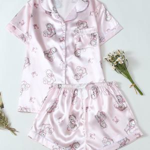 TEMU 청소년용 곰돌이 프린트 반팔 & 반바지 잠옷 세트