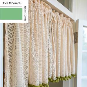 TEMU 1개 크로셰 커튼 베이지 그린 태슬 - 레이스 같은 질감 반투명 100% 폴리에스터 로드 포켓 커튼 주방 침실 사무실용 - 팜하우스 스타일 홈 데코, 빛을 통과하는 커튼 | 레이스 디자인 | 거실용 정교한 레이스워크