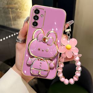 TEMU 삼성 갤럭시 A13 5G, A13 4G, A14 4G, A14 5G, A15, A34, A54, A55, A35 4G, 5G 휴대폰 케이스와 호환되는 갤럭시 A03S, A02S, A04S, A05S 토끼 모양 3D 스탠드 초박형 전기 도금 부드러운 휴대폰 케이스, 손목끈이 있는 보호 커버.