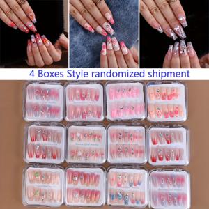 TEMU 아름다운 선물, 라인스톤이 있는 수제 그라데이션 인조 손톱 96개 세트, 스타일은 랜덤으로 배송, 프레스온 네일 패치, 라인스톤으로 디자인, 착용 가능한 네일, 재사용 가능, 여성에게 적합