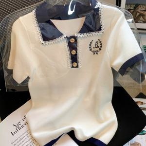 TEMU 여성용 우아한 컬러 블록 폴로 스웨터 - 반팔, 프랑스 스타일, 자수 디테일이 있는 슬리밍 디자인, 봄/여름/가을용 가벼운 니트 탑, 폴로 토|반팔니트