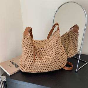 TEMU 여성용 초승달 모양 숄더백, 바캉스 스타일 속이 빈 직조 가방, 대형 겨드랑이 크로스바디 백