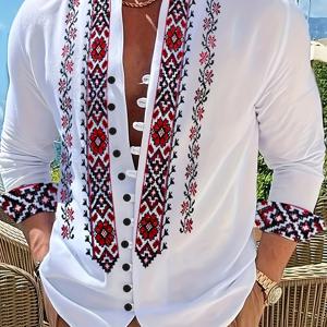 TEMU 크리스마스 남성용 화이트 만다린 칼라 중국 치파오 재킷 - 빨강/검정/흰색 민족 패턴의 빠른 건조 전통 중국 셔츠, 단추 앞면 잠금, 결혼식, 문화 행사 및 테마 파티용 사계절 착용 (세탁기 사용 가능)