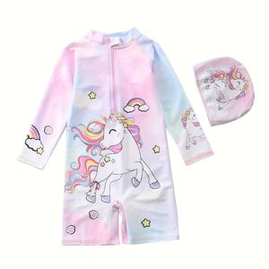 TEMU 여아용 수영복. 여아용 원피스 수영복. 유니콘 뷰티 긴소매 비치 수영복 부활절 파티 선물|수영복|레쉬가드|래시가드