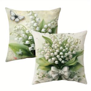 TEMU 2개 세트 빈티지 플로럴 쿠션 커버 18x18인치 - 짧은 플러시 백합 & 나비 식물 디자인, 지퍼 잠금 기능, 실내/야외 소파용, 패티오, 거실 (쿠션 내장 없음), 야외 쿠션 커버, 로맨틱 데코, 쉬운 관리, 스타일리쉬 액센트, 아늑한 홈 스타일링