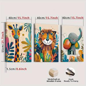 TEMU 액자 포함, 사자와 코끼리, 기린을 담은 3점 세트 캔버스 벽 장식 - 수직형, 인도어 정글 테마, 홈 오피스용 포스터