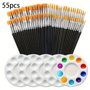 TEMU 55피스 프로페셔널 아트 페인트 브러쉬 세트, 50개의 플랫 및 포인트 브러쉬 + 5개의 라운드 페인트 트레이, 유화 및 수채화에 적합, 새해와 크리스마스를 위한 완벽한 선물