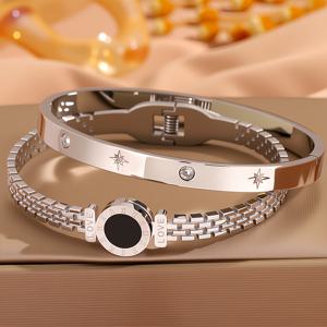 TEMU 2개 빈티지 멀티 컬러 스테인리스 스틸 팔찌 세트 | 독특한 로마 패턴 디자인, 18K 금도금, 우아한 패션 액세서리, 남녀 공용 행운 팔찌, ACNODE