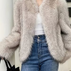 TEMU 여성용 우아한 여우 모피 코트 - 노치드 라펠 칼라, 가을/겨울용 연한 베이지 인조 퍼 아우터웨어, 캐주얼부터 포멀까지 다재다능한 긴 소매 재킷