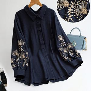 TEMU 플러스 사이즈 - 맞춤형 플러스 사이즈 플로럴 자수 캐주얼 바캉스 버튼업 셔츠