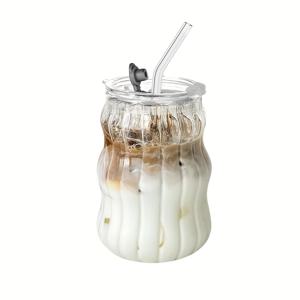 TEMU 1개 18oz 유리 텀블러 (유리 빨대 & 뚜껑 포함) - 웨이브 버블 디자인, 말차 유리컵, 아이스 커피, 소다, 차용 재사용 가능한 라운드 음료 유리컵 - 세척기 사용 가능, 커피 여행 머그