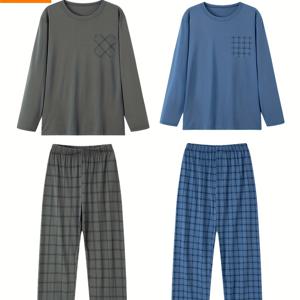 TEMU 플라디 프린트 남성용 긴팔 파자마 세트 4pcs - 라운드넥 긴팔 상의 2개 + 풀프린트 긴바지 2개, 봄과 가을용 홈웨어|여름잠옷