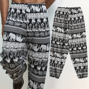 TEMU 1개 남녀공용 코코넛 나무와 코끼리 프린트 하렘 팬츠, 아이스 슬릭 섬유 캐주얼 팬츠, 남녀공용 발목 길이 비치 와이드 레그 팬츠