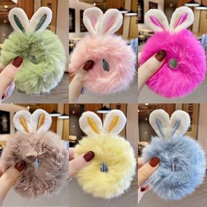 TEMU 귀여운 플러시 토끼 귀 머리끈 6개입, 포니테일, 더블 포니테일용, 머리에 부드러움, 헤어 밴드, 헤어 장식