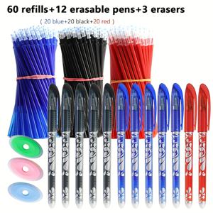 TEMU 75개 지워지는 펜 혼합 세트. 클래식 패턴 펜이 사라지는 매직 펜으로 구성되며, 3가지 색상 (검정, 빨강, 파랑)이 포함되어 있습니다. 교구용으로 교체 가능한 잉크 카트리지와 세척 가능한 손잡이가 있는 지우개 세트가 함께 제공됩니다.