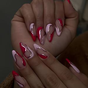 TEMU 24개 레드 & 핑크 아몬드형 프레스온 네일 - 광택 마감, 중간 길이, 손과 발용 아티스틱 디자인, 파티·웨딩·데일리 웨어용 쉬운 적용 네일 액세서리, 우아한 네일 디자인, 내구성 있는 프레슨