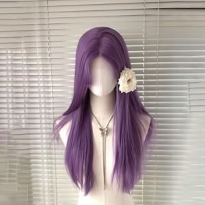 TEMU 여성용 긴 가발 - 26인치 전체 머리 커버리지, 탈모 없는 합성 헤어, 할로윈, 코스프레, 공식 행사용 우아한 퍼플 파티 & 일상 스타일 - 쉬운 관리 및 오래 지속되는 착용감, 할로윈 의상, 매끄러운 헤어스타일, 안전한 핏 캡, 코스프레 애호가용, 퍼플 가발