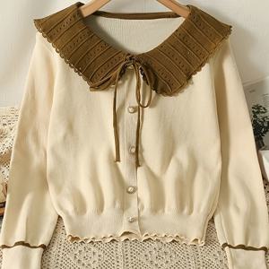 TEMU 2025년 신상 가을/겨울 한국 스타일 다용도 레이스 탑, 인형 칼라, 출퇴근에 적합한 패셔너블한 디자인, 긴소매, 어리게 보이게 하는, 리본 장식, 매력적인 우아한 스웨터