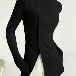 TEMU 여성 솔리드 컬러 터틀넥 긴팔 핏 T셔츠, 분할 헴|티셔츠