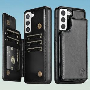 TEMU 단색 지갑 케이스, 더블 버튼 사이드 스티커, 카드 슬롯, RFID 차단, 킥스탠드 및 자석 플립, 인조 가죽으로 제작, 다양한 삼성 갤럭시 A 시리즈용 디자인, 충격 방지 보호 제공, Q|지갑