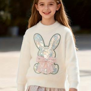 TEMU 1개 '반짝이는 핑크 토끼 & 리본 겨울 스웨터 - 귀여운 토끼 시퀸 소매 & 칼라 풀오버, 부드럽고 따뜻한 긴 소매 스웨팅 탑, 크리스마스, 파티용 ( &) - 손세탁 가능