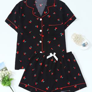 TEMU 청소년용 파자마 세트 (반팔 상의와 반바지 포함), 봄/여름에 완벽, 블랙 체리 프린트, 10대용