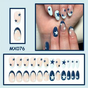 TEMU 24개 짧은 아몬드 모양 프레스온 인조 손톱, 깊은 파란색과 밝은 파란색 별 패턴, 우아하고 귀여운 프렌치 스타일, 데일리 착용에 적합하며 친구 또는 친한 친구를 위한 선물로 완벽합니다.