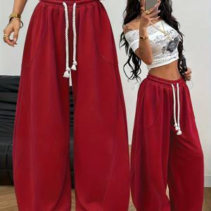 TEMU 2025년 가을/겨울 신상 여성용 편안하고 부드러운 통기성 좋은 루즈핏, 다용도 레귤러 스타일 캐주얼 바캉스 댄스 스튜디오 스트리트 댄스 뮤직 페스티벌 스타일 단색 와이드 드로스트링 탄성 허리 헤어럼 팬츠 스웨트팬츠 롱 팬츠|댄스복