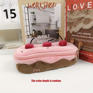 TEMU 대용량 메이크업 가방 & 펜슬 케이스 - 체리 & 리본 디자인의 귀여운 케이크 모양 정리함, 부드러운 질감 커버, 하트 & 리본 장식, 여행, 사무실, 학교 용품 보관, 장식용 폼폼, 튼튼한 지퍼 잠금