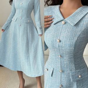 TEMU 여성용 가을/겨울 클래식 엘레강스 스타일 턴칼라 긴팔 진주 버튼 패셔너블 우아한 출근용 파티 및 외출용 롱드레스|가을원피스