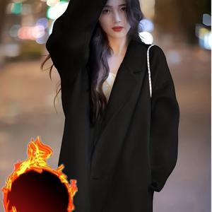 TEMU 여성용 블랙 코트, 컬리지 스타일, 2025년 가을/겨울 신상, 세련된 룩과 미디엄 길이 디자인으로 작은 키에 어울림