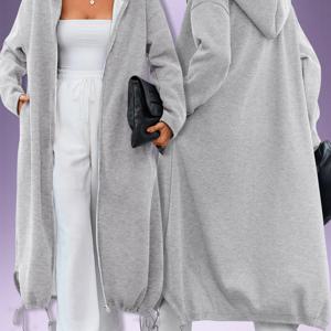 TEMU 1개 그레이 후드 롱 지퍼업 자켓, 캐주얼 스타일 드로스트링 밑단, 편안하고 다재다능한 패션