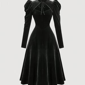 TEMU 고딕 벨벳 스탠드 칼라 버블 슬리브 드레스 | 단색, 핏 앤 플레어, 올 시즌 성인용