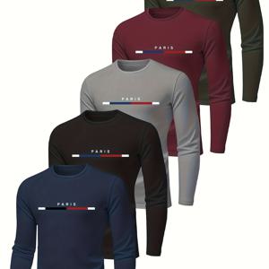 TEMU 남성용 긴팔 티셔츠 5종 세트 - 통기성 좋은 폴리에스터 소재 - 파리 프린트 디자인, 레귤러 핏, 봄, 여름, 가을에 착용하기 적합|남자셔츠