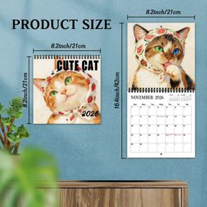 TEMU 2026년 귀여운 머리띠 고양이 미적 감각 벽걸이 캘린더, 12개월 대형 정사각형 격자 형식, 월별 이미지 & 클로저, 가정, 사무실, 일상 계획에 적합, 훌륭한 크리스마스 & 새해 선물