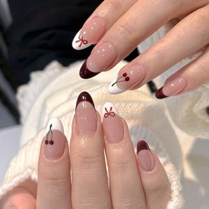 TEMU 24개입 버건디 & 화이트 체리 리본 프레스온 네일 - 아몬드형 미디엄 길이 광택 인조네일 키트, 체리 리본 디자인, 버건디/화이트 컬러 블로킹, 쉽게 착용 가능 & 오래 지속, 여성용, 파티, 웨딩, 데일리 웨어 (기계네일)