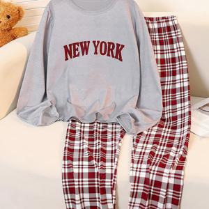 TEMU 여아용 가을/겨울 투피스 잠옷 세트 (긴소매 상의와 체크무늬 바지). 이 잠옷은 편안하고 스타일리시하며, 집에서 휴식하거나 야외 활동에 적합합니다. 십대에게 적합합니다.|잠옷