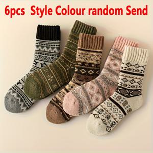 TEMU 6개 여성용 겨울용 두꺼운 따뜻한 바닥 양말 | 빈티지 에스닉 플로럴 프린트, 미끄럼 방지, 실내/침대용