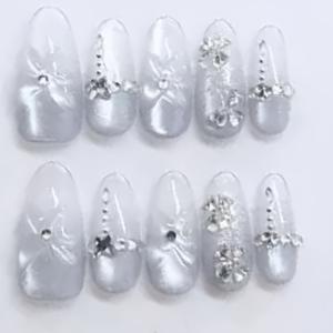 TEMU 10개입 핸드메이드 블루 옴브레 글리터 프레스온 네일 - 4잎 클로버 & 라인스톤 디자인, 손/발용 아몬드형 미디엄 길이 네일아트, 파티, 웨딩, 데일리 글램에 적합|네일|네일아트