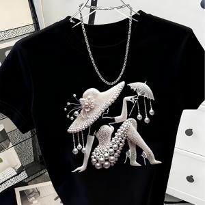 TEMU 우아한 여성 패션 라운드넥 티셔츠 | 모조 진주 인물 프린트, 핏 좋은 숏 크롭 탑, 여성 탑, 가성비 좋고 실용적, Y2K 스타일, 편안하고 부드러움, 모든 계절에 적합