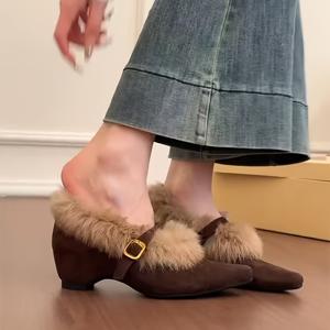 TEMU 여성용 우아한 프렌치 메탈 버클 메리 제인 펌프 – 플러시 인조 모피, 미드힐, 뾰족한 앞코, 올 시즌, 따뜻한 안감, 스탠다드 핏, , 오피스, 야외용 패셔너블 하이힐, 세탁기 사용 가능, 가볍고 부드러운 신발