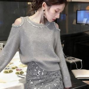 TEMU 여성용 오프숄더 라운드넥 탑으로 외출하기 좋은 가벼운 럭셔리하고 고급스러운 느낌의 EARLY WINTER 그레이 스팽글 풀오버 스웨터