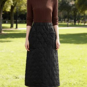 TEMU 여성 롱 스커트 가을겨울 따뜻한 패딩 누빔치마 허리밴딩 블랙 방한 투 포켓 디자인 원단 편안 캐주얼 통근 슬림소녀 SLIM GIRL