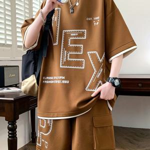 TEMU 여름 남성 스포츠웨어 세트, 청소년 학생 캐주얼 투피스 의상, 여름 티셔츠와 반바지 세트, 반팔 반바지 세트, 통기성 좋고 편안한 흡습 속옷|기능성반팔