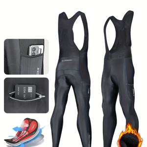 TEMU X-TIGER 겨울용 열차량 사이클링 비브 팬츠, 뒷주머니 포함 5D 젤 패딩 남성용 플리스 스포츠 따뜻한 바지 MTB 로드 자전거 비브 팬츠