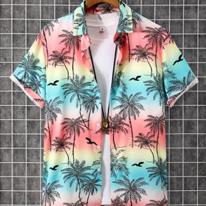 TEMU 남성용 화려한 하와이안 스타일 반팔 버튼업 셔츠, 열대 야자수와 갈매기 프린트, 캐주얼 폴리에스테르 원단 - 여름 일상복 및 리조트 휴가에 이상적, 트로피컬 아웃핏|재미있는 프린트 셔츠|튼튼한 의류|반팔셔츠